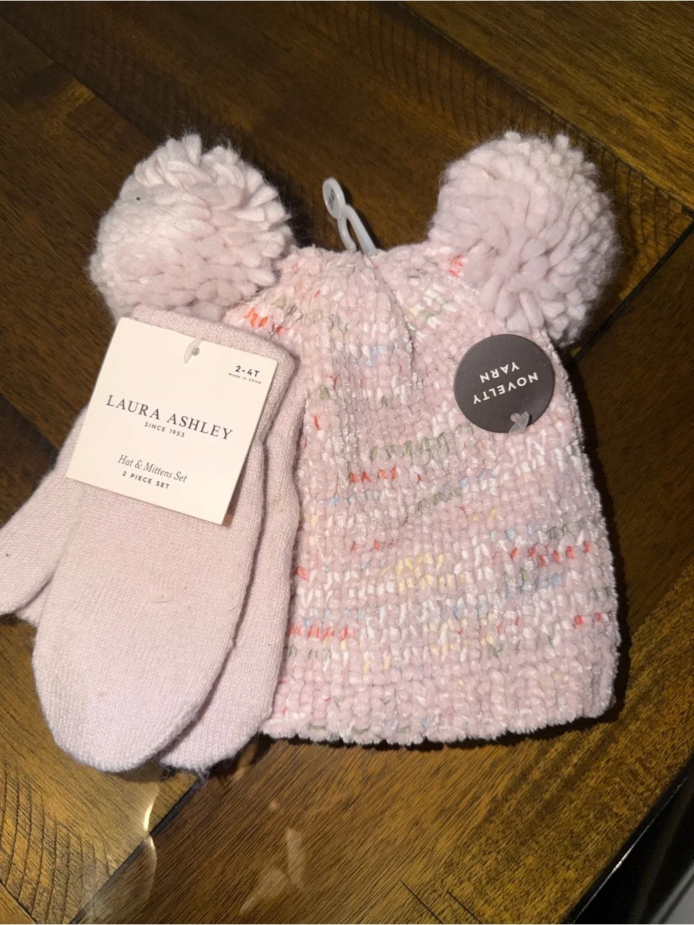 Laura Ashley Light Pink Knit Pom-Pom Hat and Mittens Set